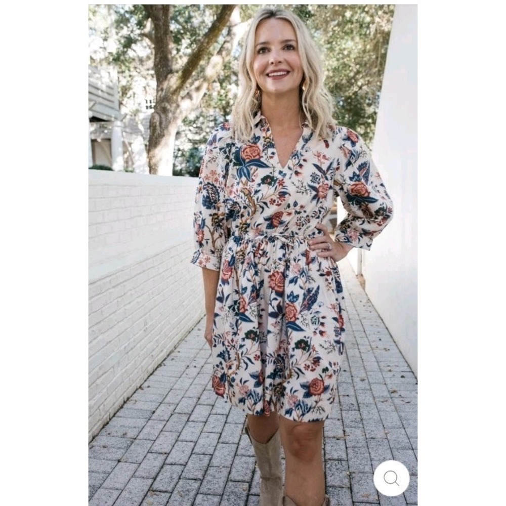 Saule Parc Caroline Fall Floral Print Tie Front V-neck Puff Sleeve Dress Size M